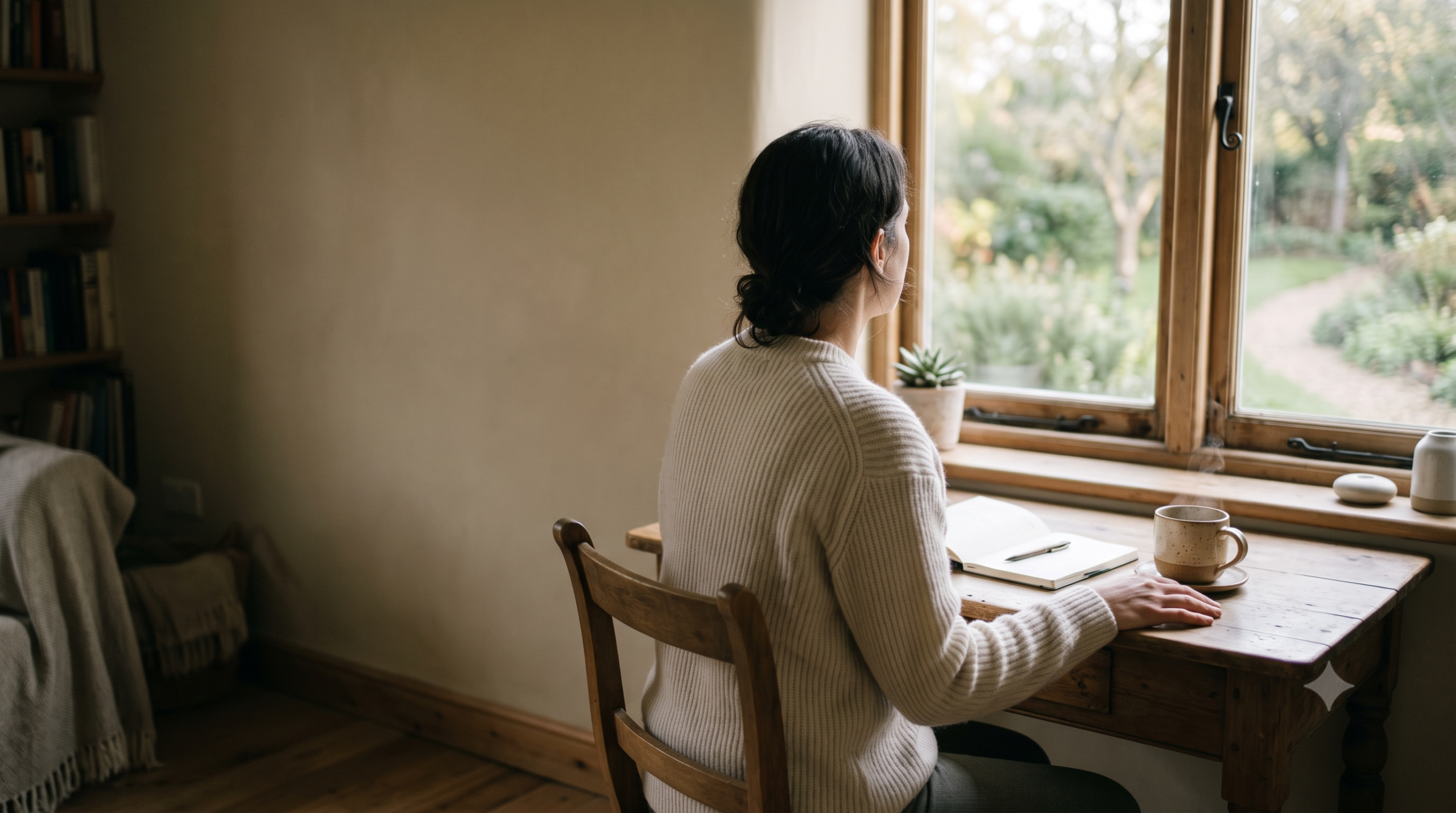 窓辺の机に向かい、マグカップに手を添えて外を眺めている人の後ろ姿